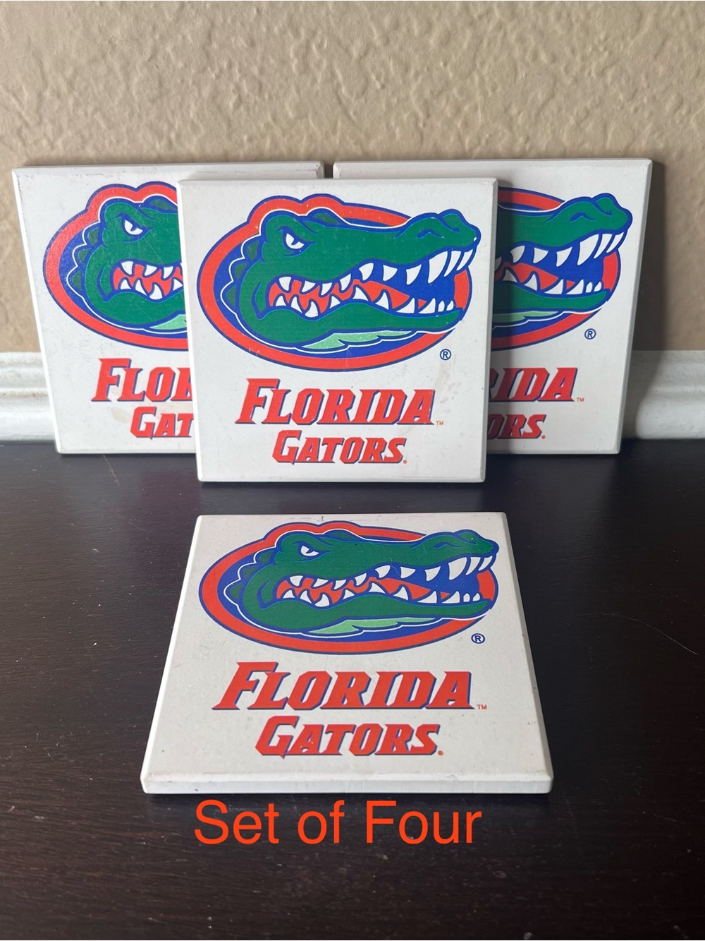 Vintage 1980's Florida Gators Ceramic Coasters, NCAA UF Gator Logo Tile Set of 4